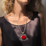 Sterling Silver Necklace with Large Red Stone Flower Pendant