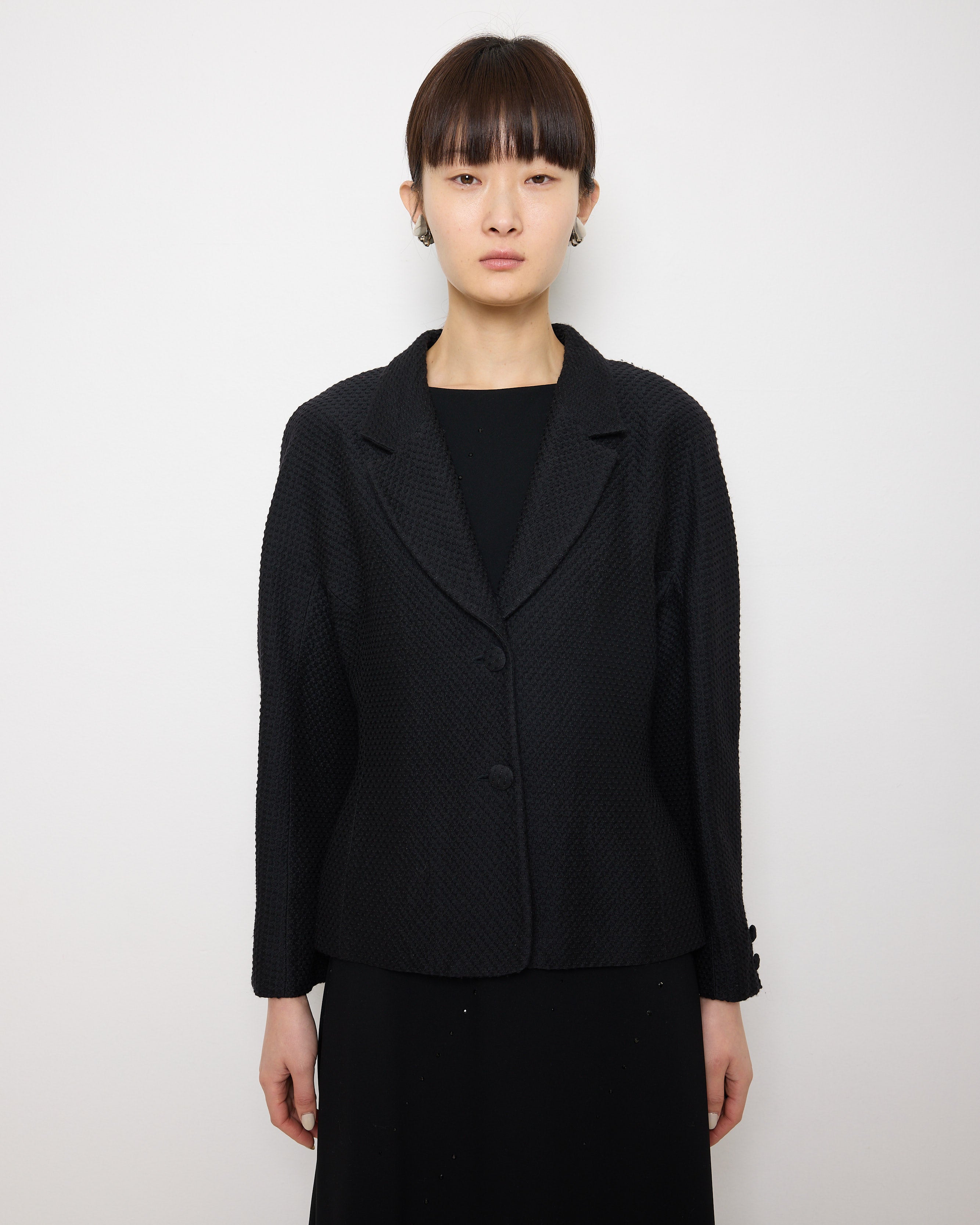 Loewe Blazer, Structured Black Blazer, Sculpted Waist Jacket, 25-inch Length Blazer, Size 42 Tailore
