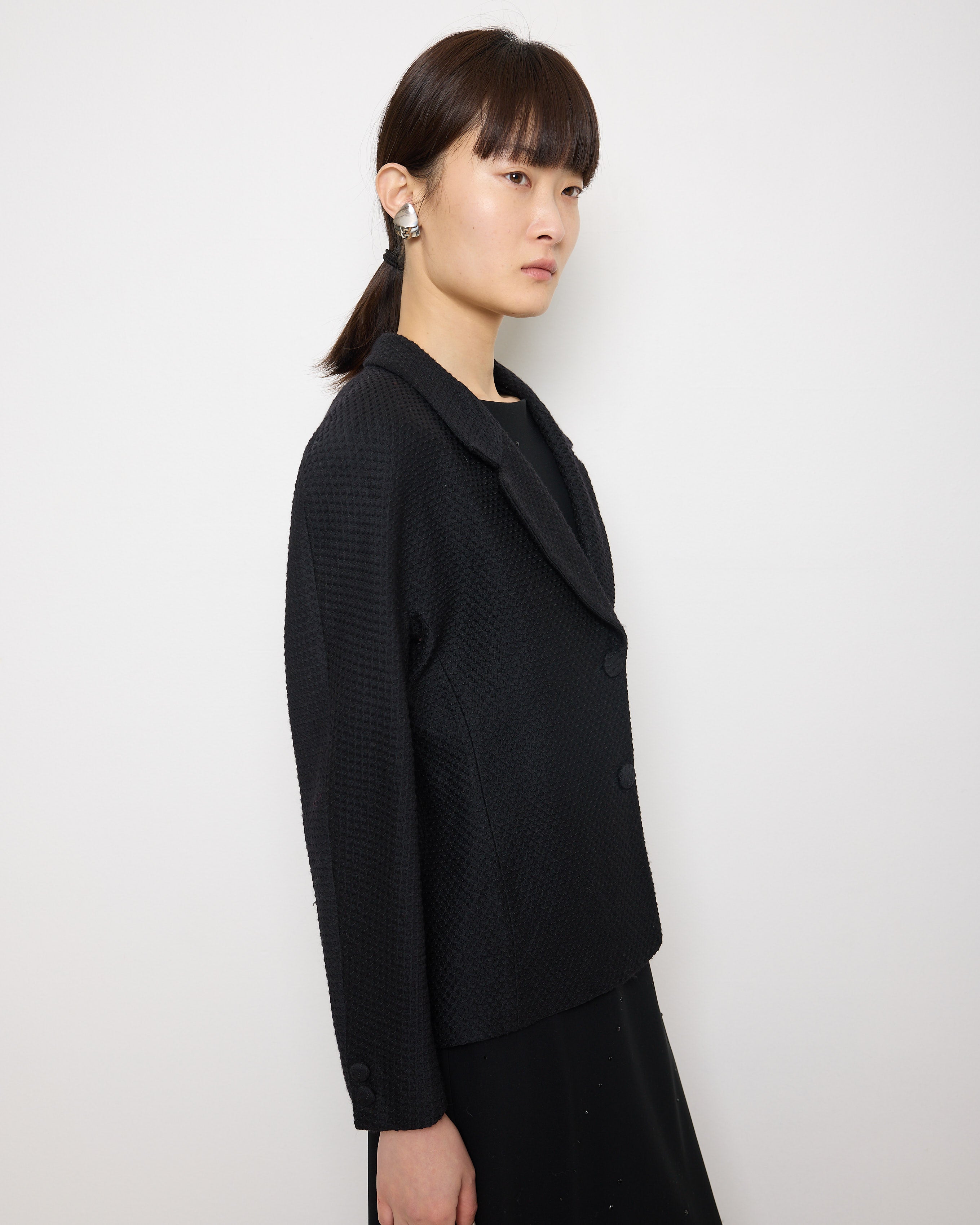 Loewe Blazer, Structured Black Blazer, Sculpted Waist Jacket, 25-inch Length Blazer, Size 42 Tailore