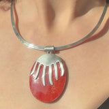 Sterling Silver Choker Necklace with Oval Orange Stone Pendant