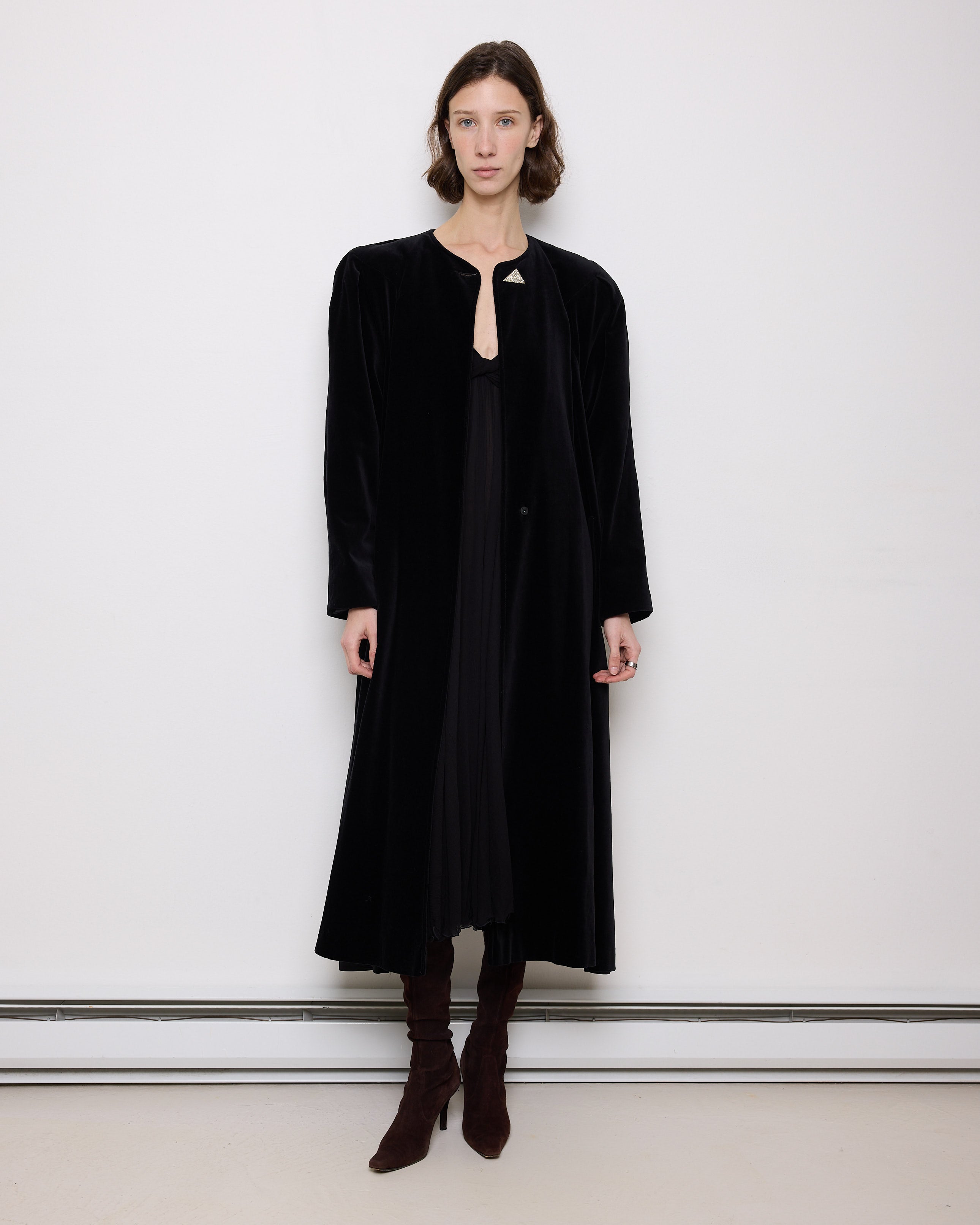 Vintage black velvet coat, 60-inch length, 24-inch sleeves, 16-inch shoulders, 100% cotton velvet