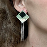 Sterling Silver Modernist Earrings with Onyx and Drop Chain Details