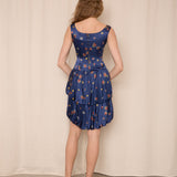 Navy Silk Layered Dress with Floral Details