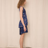Navy Silk Layered Dress with Floral Details