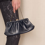 Navy Vegan Leather Clutch with Red Lining