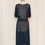 Vintage Handmade Sheer Navy Dress with Red Floral Details