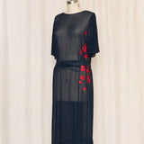 Vintage Handmade Sheer Navy Dress with Red Floral Details