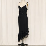 Elegant Black Sleeveless Floral Appliqué Maxi Dress