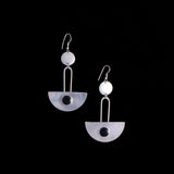 Silver Plated Large Modernist Half Circle Earrings with Onyx Stones