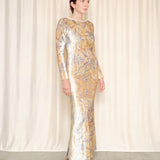 Roberto Cavalli Velour Blue and Tan Maxi Dress