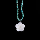 Turquoise Beads and Mother of Pearl Carved Flower Pendant with Sterling Silvers Clasp