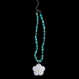 Turquoise Beads and Mother of Pearl Carved Flower Pendant with Sterling Silvers Clasp