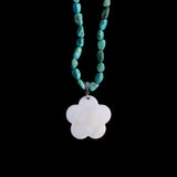 Turquoise Beads and Mother of Pearl Carved Flower Pendant with Sterling Silvers Clasp
