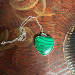 Vintage silver tone necklace with large malachite heart pendant