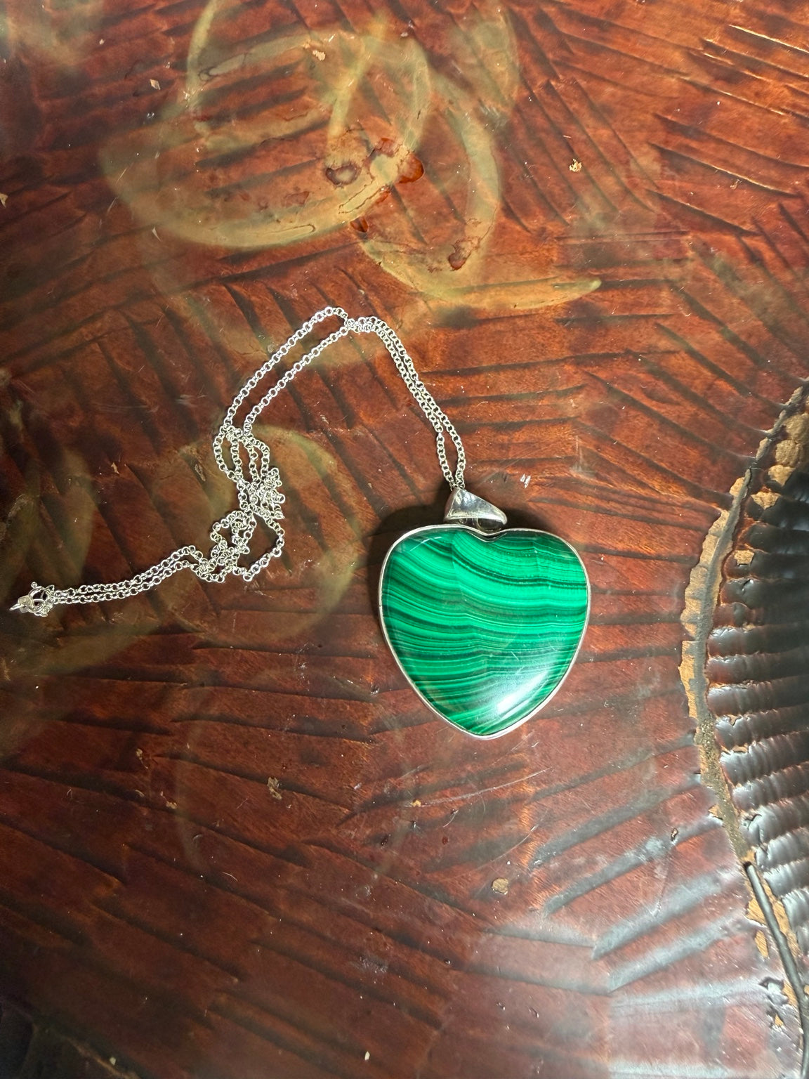 Vintage silver tone necklace with large malachite heart pendant
