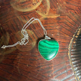 Vintage silver tone necklace with large malachite heart pendant