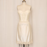 Ivory Nylon Slip Skirt with Tan Lace Trim and Side Slit