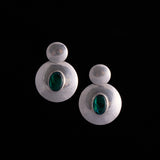 Sterling Silver Double Disc Stud Earrings with Blue-Green Cabochon Stones
