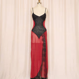 Red Sheer Slip with Black Lace