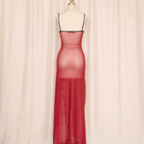 Red Sheer Slip with Black Lace