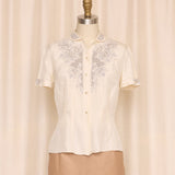Vintage Embroidered Short Sleeve Silk Blouse in Cream