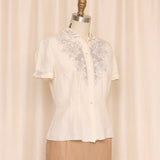 Vintage Embroidered Short Sleeve Silk Blouse in Cream