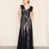 BCBG Black Tulle Gown with Silk Pink Floral Lining