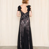 BCBG Black Tulle Gown with Silk Pink Floral Lining