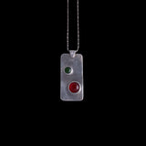 Sterling Silver Rectangular Pendant with Red and Green Stones Necklace
