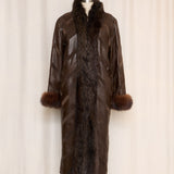 Vintage Brown Patchwork Leather Coat with Fur Lining and Cuffs