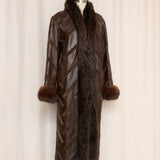 Vintage Brown Patchwork Leather Coat with Fur Lining and Cuffs