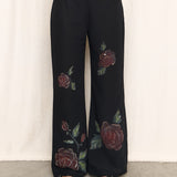 Amuleti Black Pants with Floral Applique