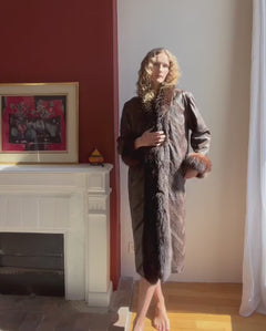 Vintage Brown Patchwork Leather Coat with Fur Lining and Cuffs